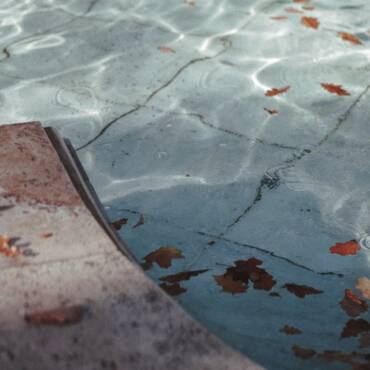 Brown leaves float in a serene swimming pool reflecting autumn's calm essence.