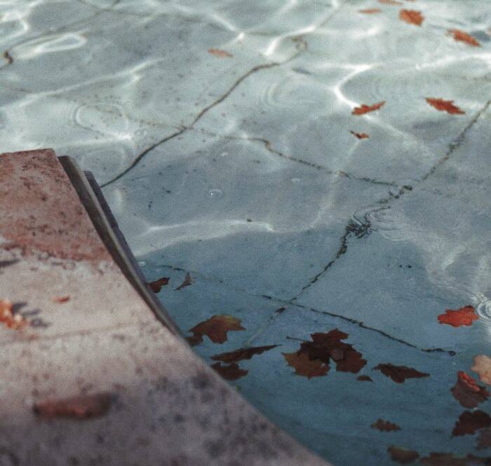Brown leaves float in a serene swimming pool reflecting autumn's calm essence.
